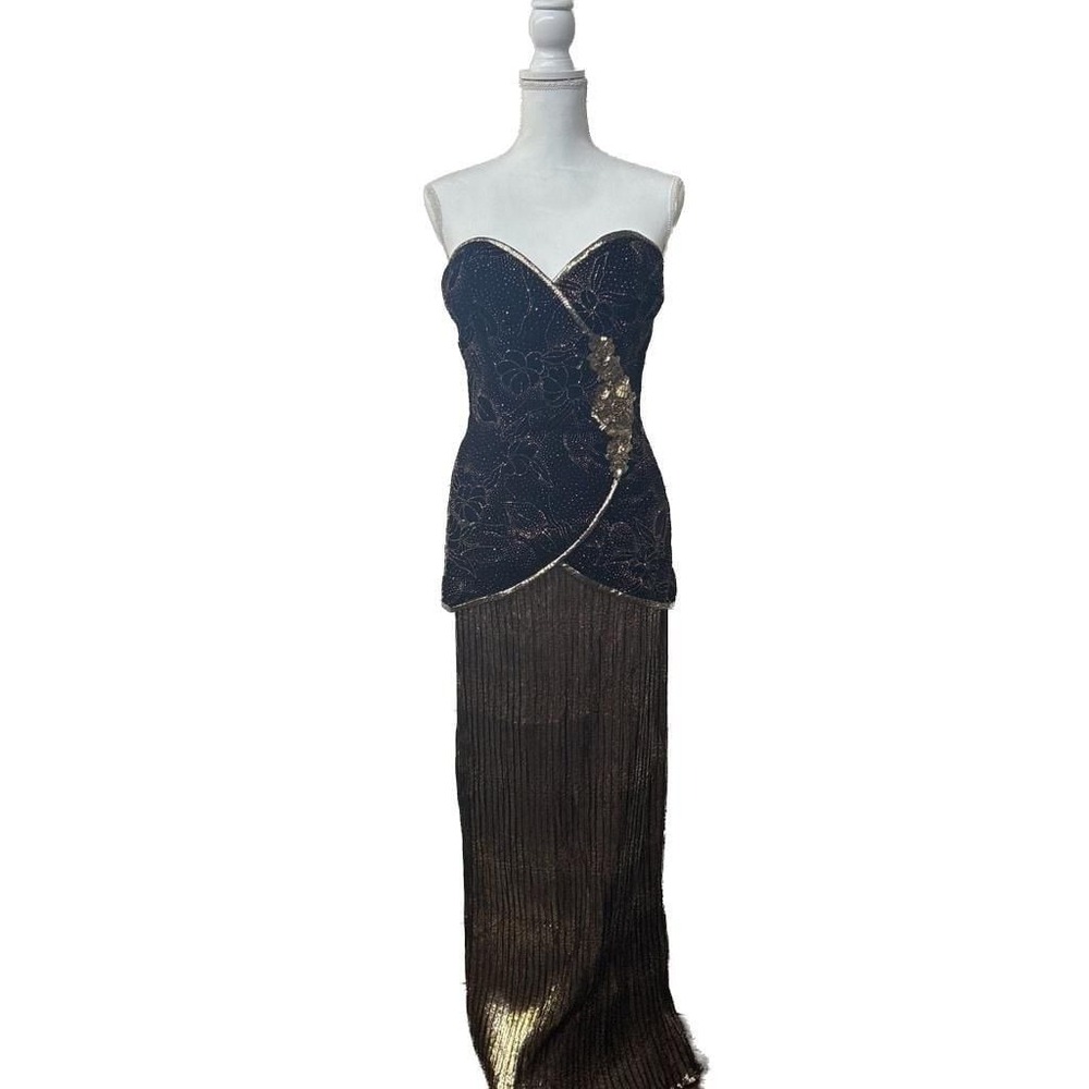 1980sBlack/GoldVelvet Plisse Strapless Beaded A.J. BariVintageluxury oldmoneyGow